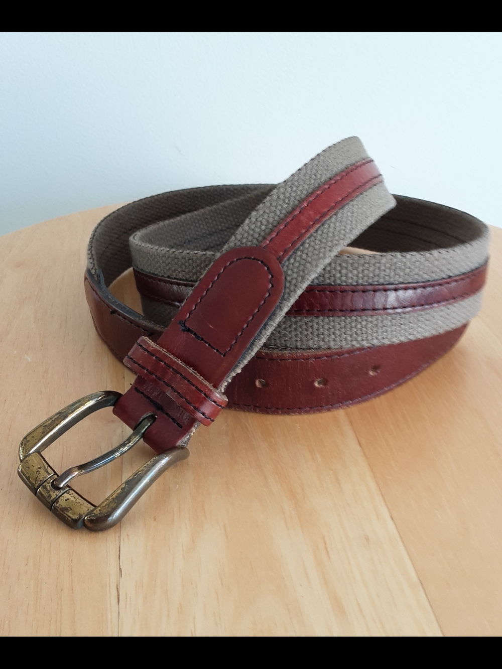 Dockers Men's Canvas and Leather Belt in Burgandy and Sage (Grayish Green)